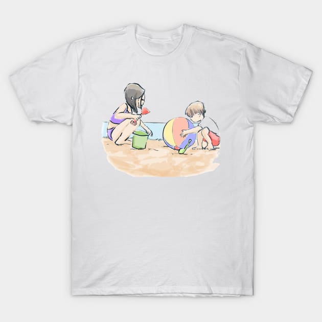 Kids Playing at the Beach T-Shirt by bykatieerickson